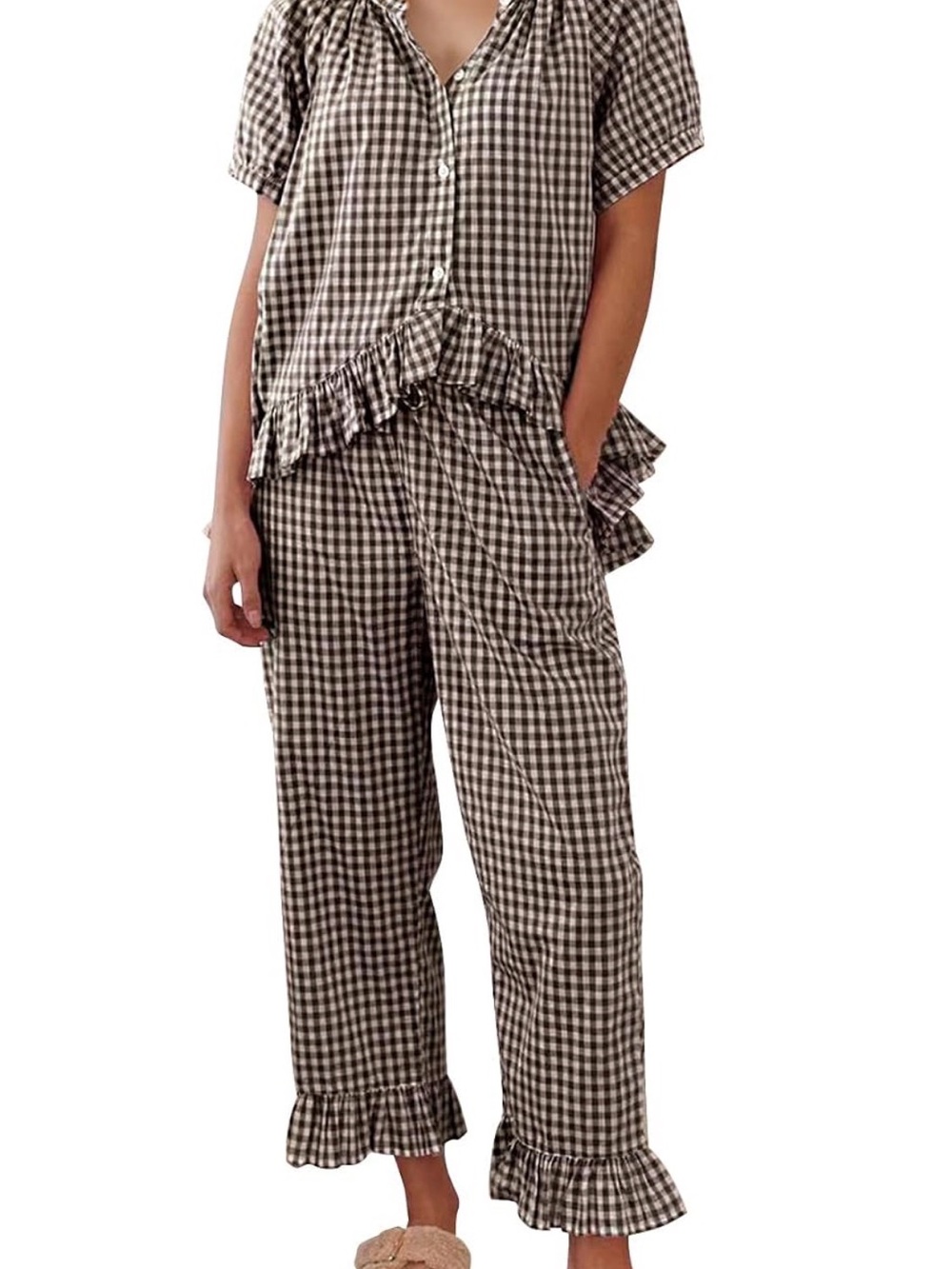 Gingham Ruffle Pajama Set in Brown and White - Sz Small
